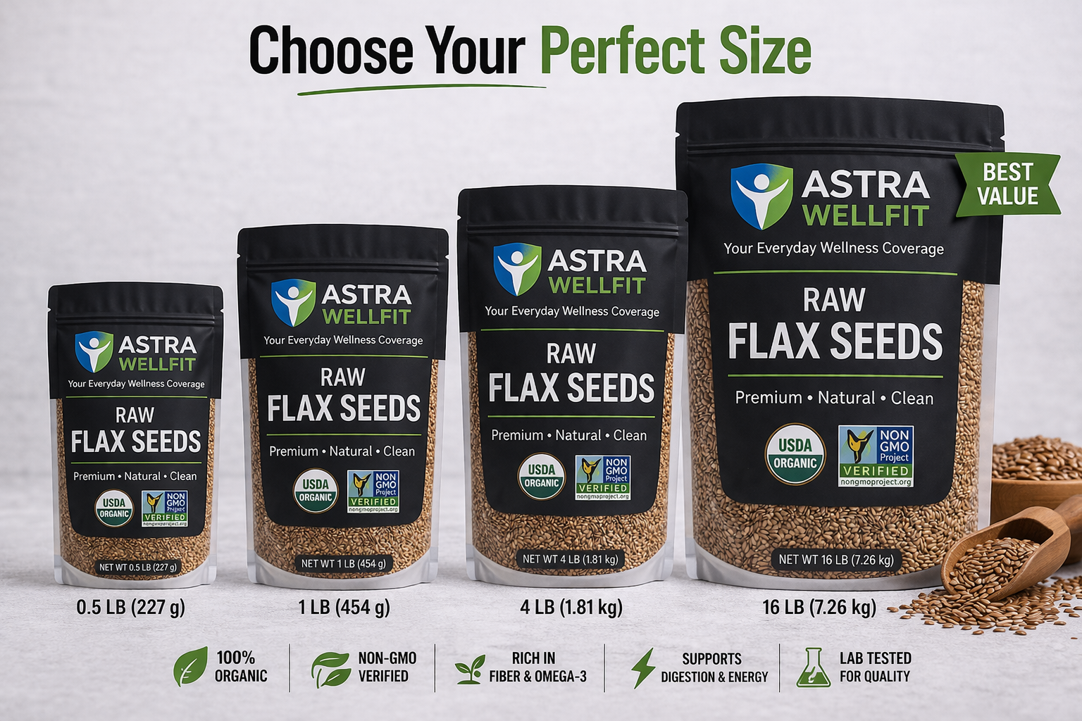 Astra WellFit Raw Flax Seeds – Premium Natural Superfood (Multiple Sizes)